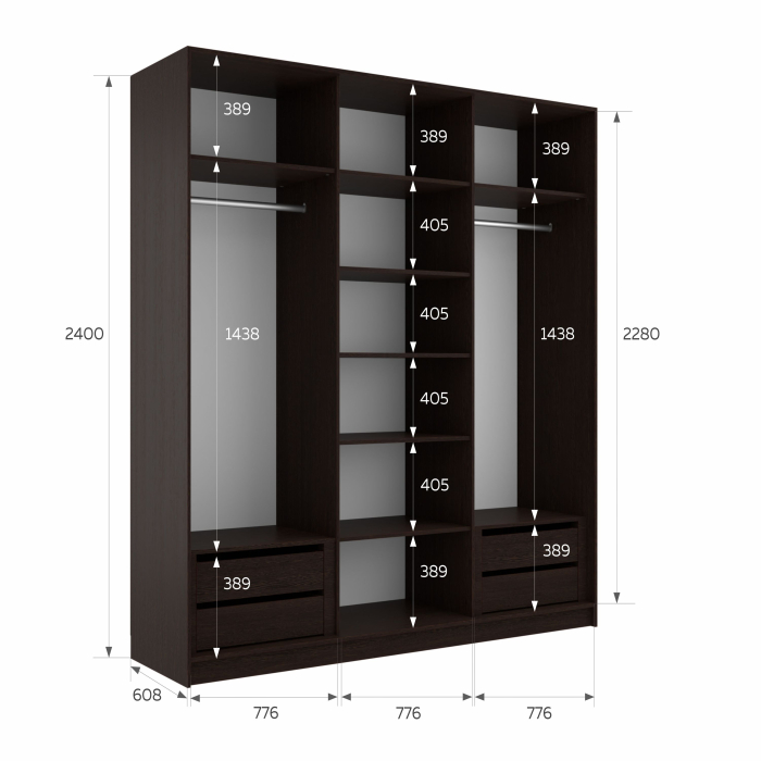 Шкафы-купе 3-х дверные, Шкаф-купе Эста 3-х дверный Стекла пудра/Доводчик 240х66х240