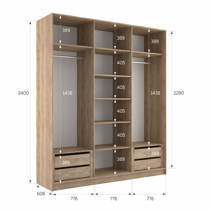 Шкафы-купе 3-х дверные, Шкаф-купе Эста 3-х дверный Стекла пудра/Доводчик 240х66х240