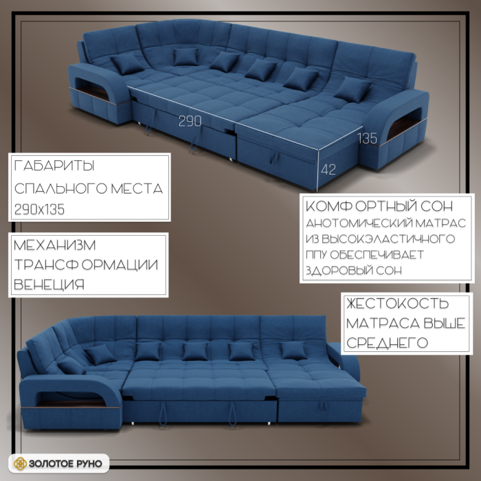 Диваны угловые в гостиную, П-образный диван Майами-4 ППУ, велюр