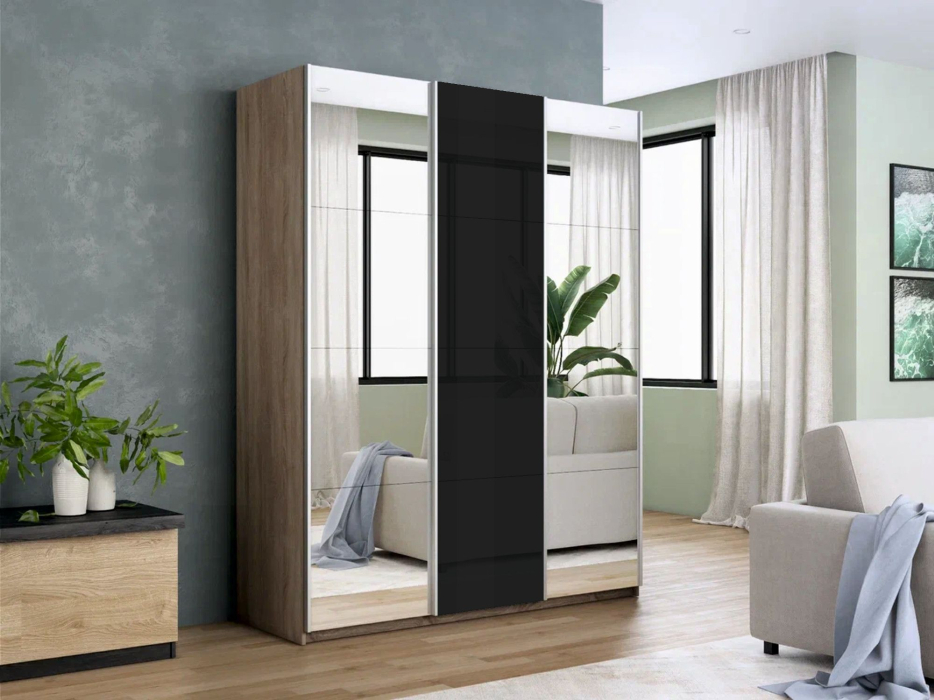 Шкафы-купе 3-х дверные, Шкаф-купе Прайм 3-х дверный Зеркала/Стекло черное/Доводчики 180х57х230