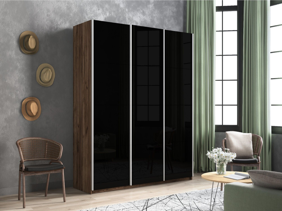 Шкафы-купе 3-х дверные, Шкаф-купе Прайм 3-х дверный Стекла черные/Доводчики 210х57х230